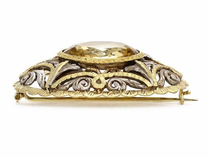 Broche - 18 carats Or jaune, Argent Quartz - Fabriqué en, Handtassen en Accessoires, Antieke sieraden