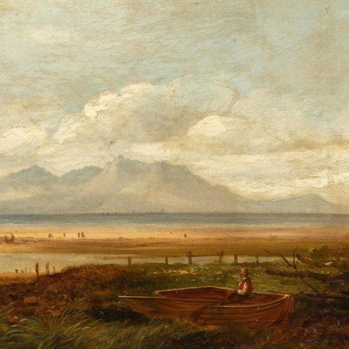 British school (XIX) - Coastal landscape with fisherman and, Antiquités & Art, Art | Peinture | Classique