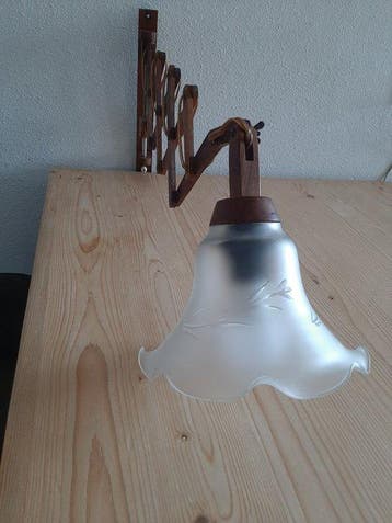 Schaarlamp - Hout, Glas - Vintage Schaarlamp