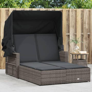 vidaXL Ligbed 2-persoons met luifel en kussens poly rattan, Verzenden