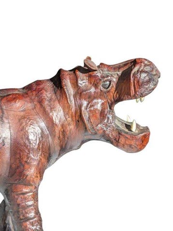 Statue, Vintage Leather Hippo - 21 cm - Bois, Cuir