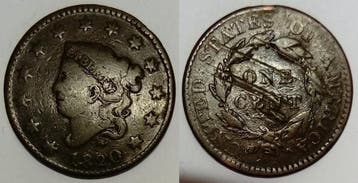 Etats-unis Vereinigte Staaten Km 45 1 1 Cent 1820 Coronet..., Verzenden