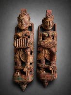 Paar gesneden koetspanelen - Hout, pigmenten - India - 19e, Antiek en Kunst