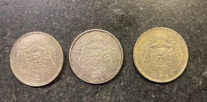 België. Albert I. 20 Francs 1934, 3 x (Zonder minimumprijs), Postzegels en Munten, Munten | Nederland