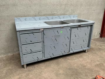 Spoeltafel met schuifdeuren en 3 laden 2 bak rechts 160cm, Ophalen of Verzenden, Nieuw in verpakking, Inox Meubilair