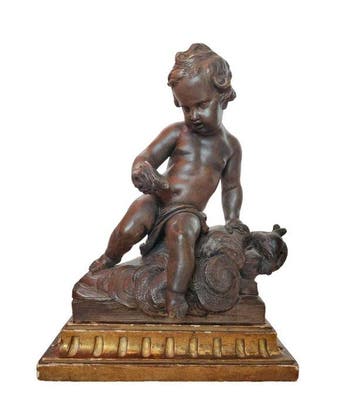 sculptuur, Pareja de amorcillos terracota - 22.5 cm - Hout,