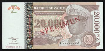 20 000 Zaire Zaire Pick 72 s 20 000 New Zaires Exemplar 3..., Verzenden