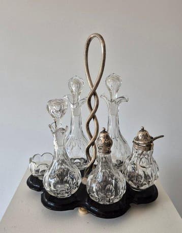 Olie-en-azijnstelletje - Kristal, Zilver, Hout - Een