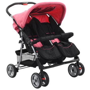 vidaXL Tweelingkinderwagen staal roze en zwart, Kinderen en Baby's, Kinderwagens en Combinaties, Verzenden, Nieuw