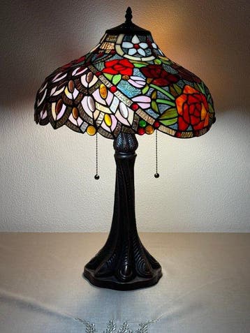 XXL Tiffany stijl tafellamp PEACOCK ROSE GARDEN lamp met 2