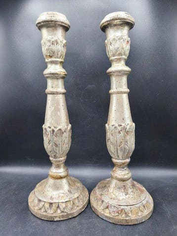 Chandelier (2) - Bois - Paire de bougeoirs en bois argenté