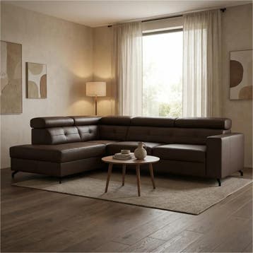 Leren hoekbank Nova - 2.5-zits arm rechts + Longchair arm, 250 tot 300 cm, Bohemian, Industrieel, Modern, Scandinavisch, Nieuw