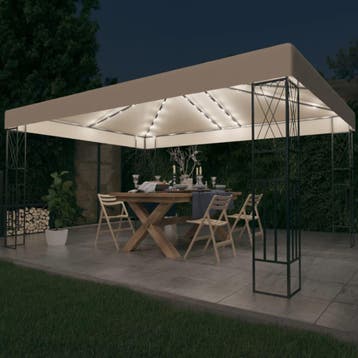 vidaXL Prieel met LED-lichtslinger 3x4 m stof crèmekleurig, Verzenden, Nieuw