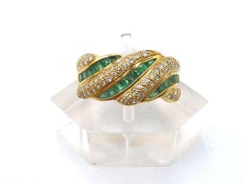 Ring - 18 karaat Geel goud Diamant (Natuurlijk) - Smaragd
