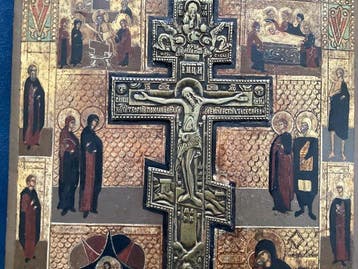 Icoon - Kruisiging van Christus, Staurotheek icoon - Hout, Antiek en Kunst