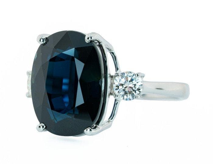 Ring - 14 karaat Witgoud, Deep Blue (No Heat) - 11.40ct. tw., Handtassen en Accessoires, Ringen