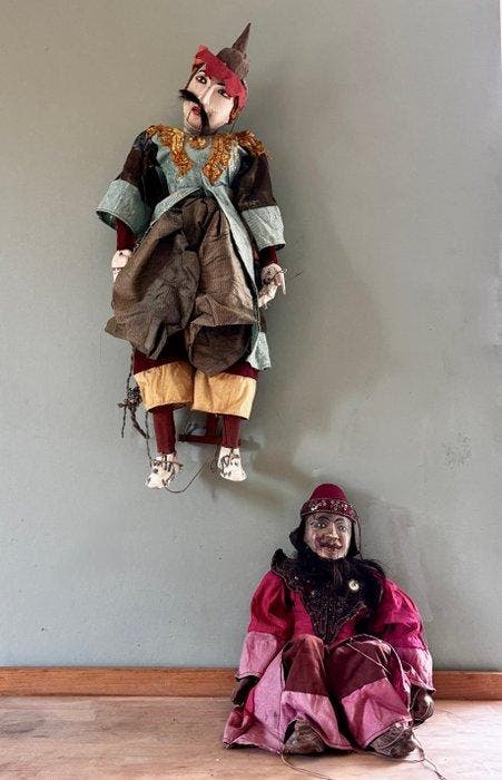 Twee handgemaakte, antieke Birmese marionettenpoppen (yoke, Antiquités & Art, Art | Art non-occidental
