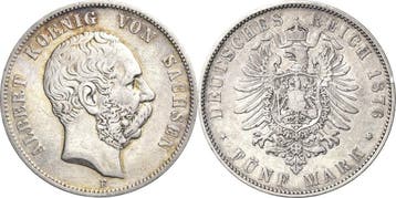 5 Mark 1876 Sachsen Albert 1873-1902, Postzegels en Munten, Verzenden, België