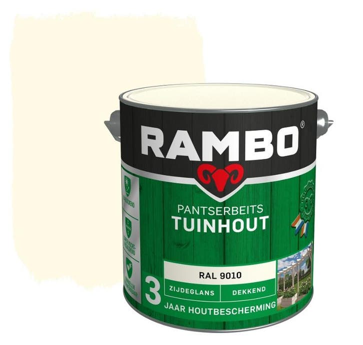Rambo Pantserbeits Tuinhout Zijdeglans RAL 9010 | Zuiver Wit, Doe-het-zelf en Bouw, Verf, Beits en Lak, Nieuw, Verzenden