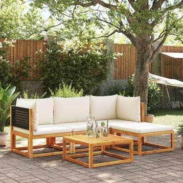 vidaXL 5-delige tuinbankset met kussens acaciahout & rotan, Verzenden, Nieuw