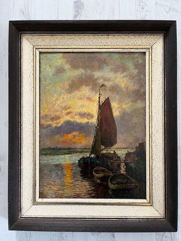 J.Suhl (1868-1945) - Friese Tjalk in de ondergaande zon