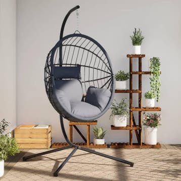 vidaXL Hangstoel met standaard rattan en staal grijs, Verzenden