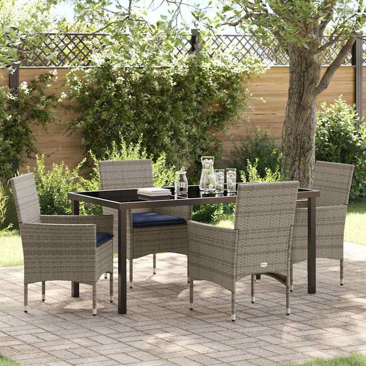 vidaXL Tafel en stoelen set met kussen 5 pcs Grijs PE Riet, Jardin & Terrasse, Ensembles de jardin, Envoi