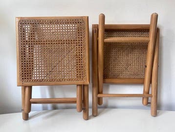 Tabouret - Bois couleur bambou, cannage, rotin - Deux tables