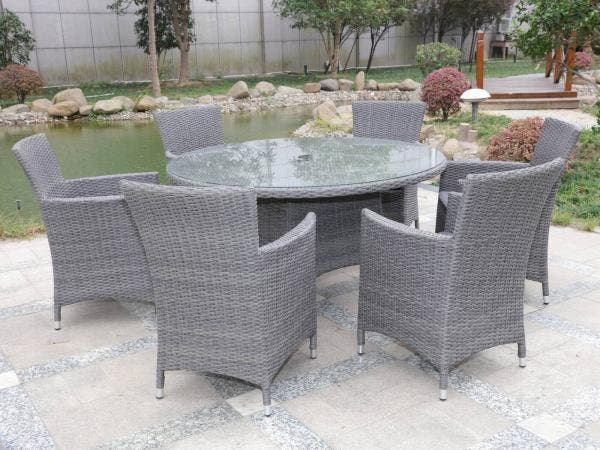Veiling - Dining set 7-delig - Grijs wicker met grijze kusse, Jardin & Terrasse, Ensembles de jardin