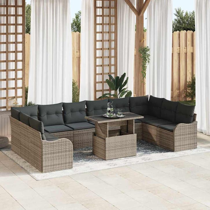 vidaXL Tuinbank Set met kussen 11 pcs Grijs Poly rattan, Tuin en Terras, Tuinsets en Loungesets, Nieuw, Verzenden