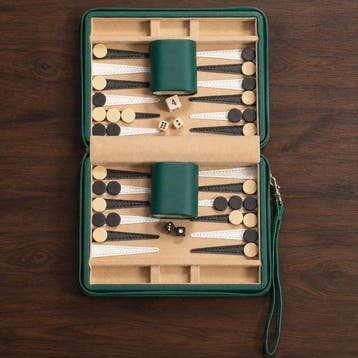 Pièce de jeu - Portable green leather backgammon travel set, Antiek en Kunst