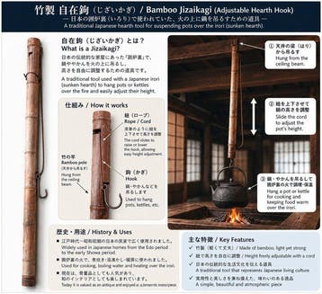 Zeldzame antieke Japanse bamboe haardhaak (Jizaikagi) -
