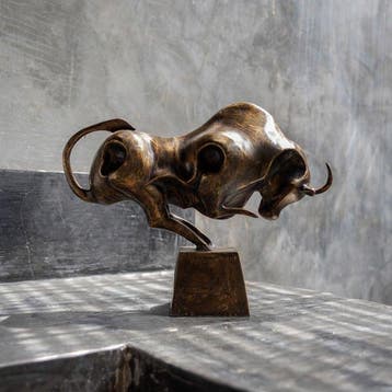 Sculpture, Bronze Sculpture of a Striking Bull - with base -