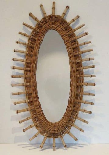 Spiegel - Rattan - Ovale rotan zonnespiegel - 70 cm, Antiek en Kunst