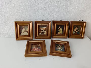 Wanddecoratie - Set van 6 vintage miniatuur schilderijen –