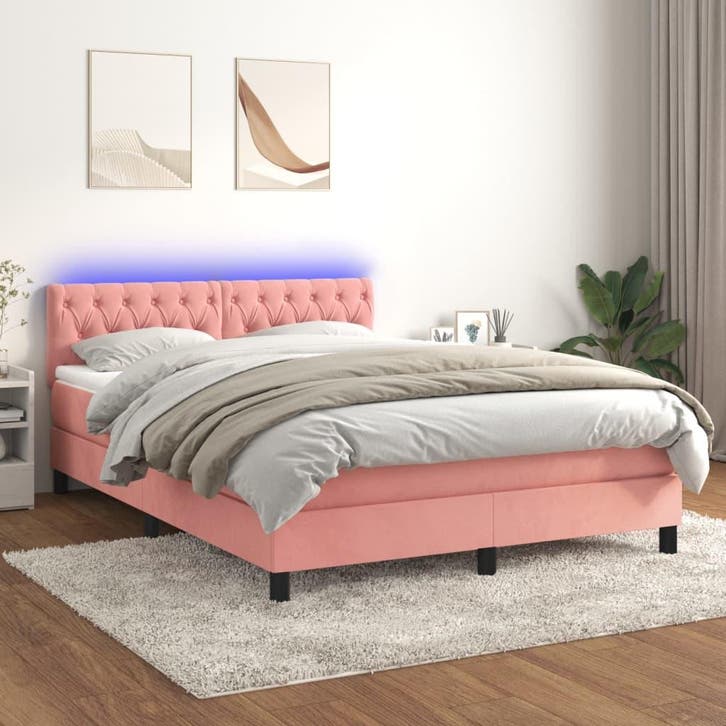 vidaXL Boxspring met matras en LED fluweel roze 140x200 cm, Maison & Meubles, Chambre à coucher | Lits, Envoi