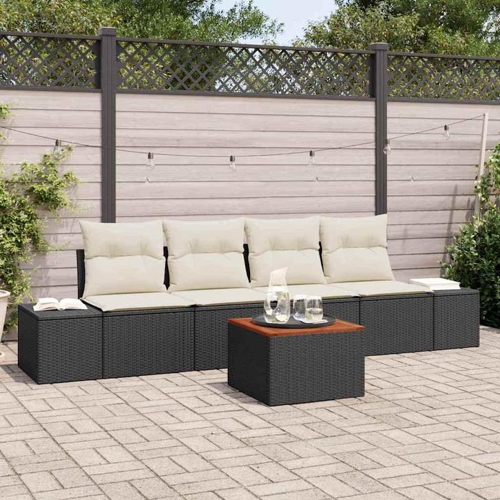 vidaXL Tuinbank Set met kussen 5 pcs Zwart poly rattan, Tuin en Terras, Tuinsets en Loungesets, Nieuw, Verzenden
