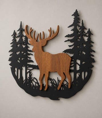Kersthert in winterbos – gelaagde wanddecoratie – 60 cm -