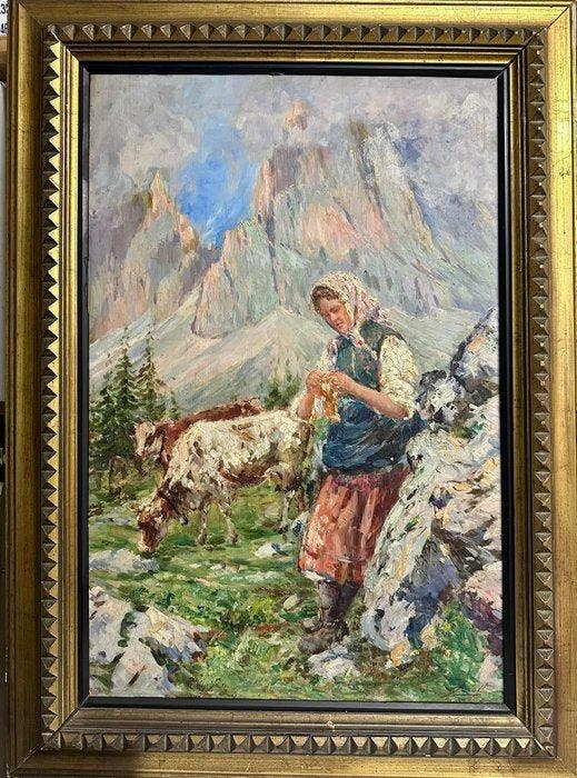 Lucia Crotti (1877-1960) - Pastorella sul Passo Sella, Antiquités & Art, Art | Peinture | Classique