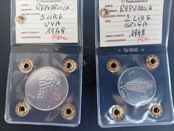 Italië, Republiek 5 Lire 1949 + 2 Lire 1948 (Zonder