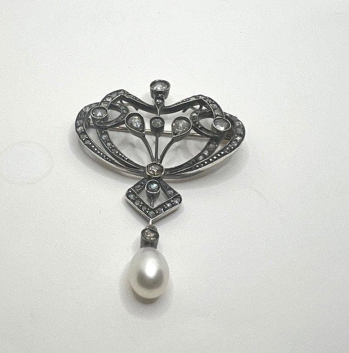 Broche - 14 carats Or jaune, Argent Diamant (Naturelle), Bijoux, Sacs & Beauté, Bijoux anciens
