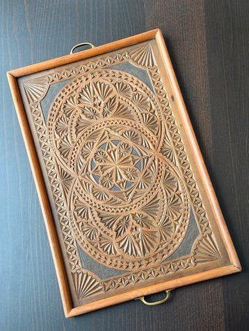 Antique Large Ornately Carved Serving Tray with Brass
