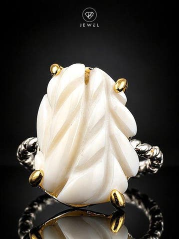 Bague en opale blanche - Feuille - Argent 925 - Bijoux