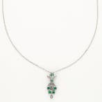 Collier - 18 carats Or blanc Diamant (Naturelle) - Émeraude