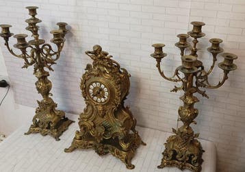 Klok en garnituur set (3) - Messing - 1960-1970, Antiek en Kunst