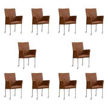 Set van 10 Leren eetkamerstoelen Comfort met wieltjes en, Ophalen of Verzenden
