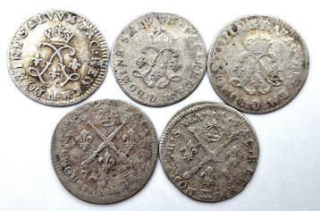 Frankrijk. Louis XIV (1643-1715). Lot de 5 monnaies (4 Sols, Postzegels en Munten