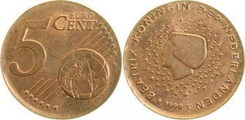 Fehlpraegung 5 Cent 1999 Nederland auf 2 C gepraegt, Verzenden, België