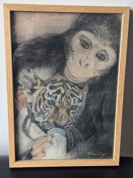 C.J.Mension (1882-1950) - Aap geeft fles, Antiek en Kunst, Kunst | Schilderijen | Klassiek