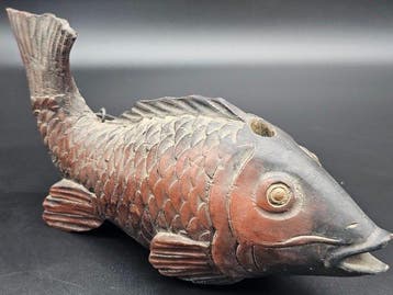 Antique Japanese Wooden Hearth Hook Yokogi (Fish/Koi